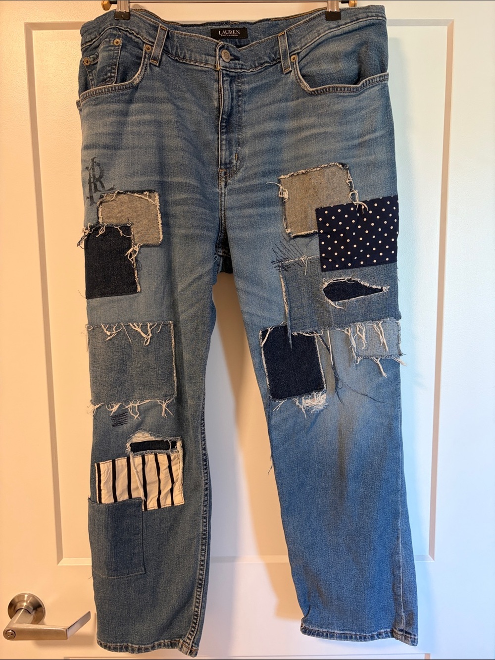 Lauren Ralph Lauren Distressed Patchwork Denim Jeans Light Blue Plus Size 18W